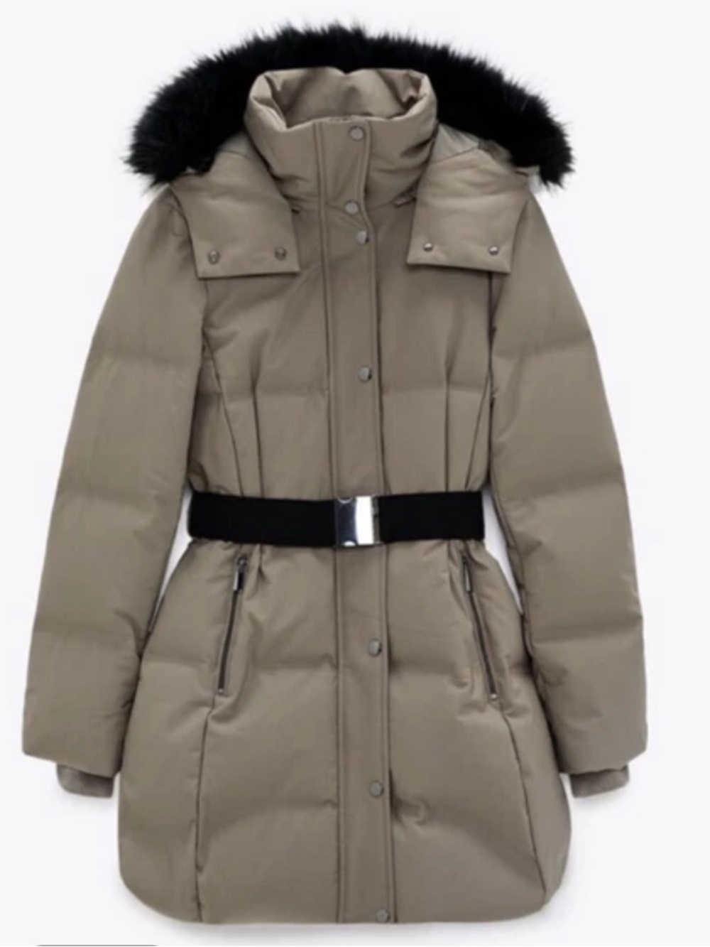Zara Taupe-Grey Hooded Puffer Coat with Black Belt